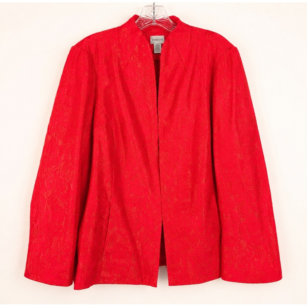 Chico's Red Floral‎ Gold Tinsel Metallic Blazer Jacket Old Money Holiday Festive